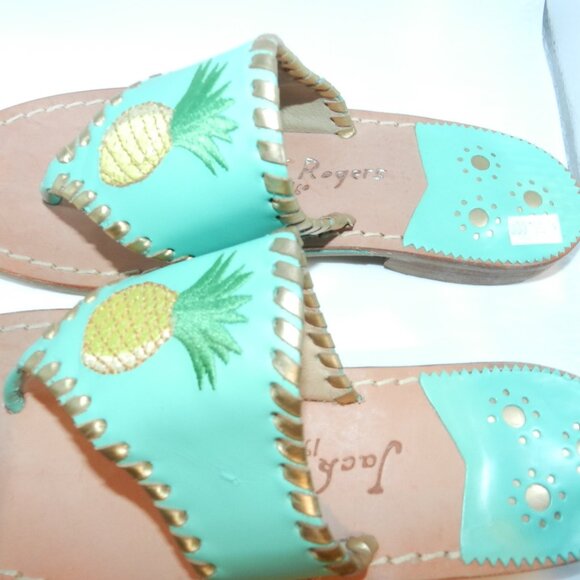 Jack Rogers Pineapple Embroidered Caribbean Blue Leather Sandals Size 7.5 - Picture 3 of 9